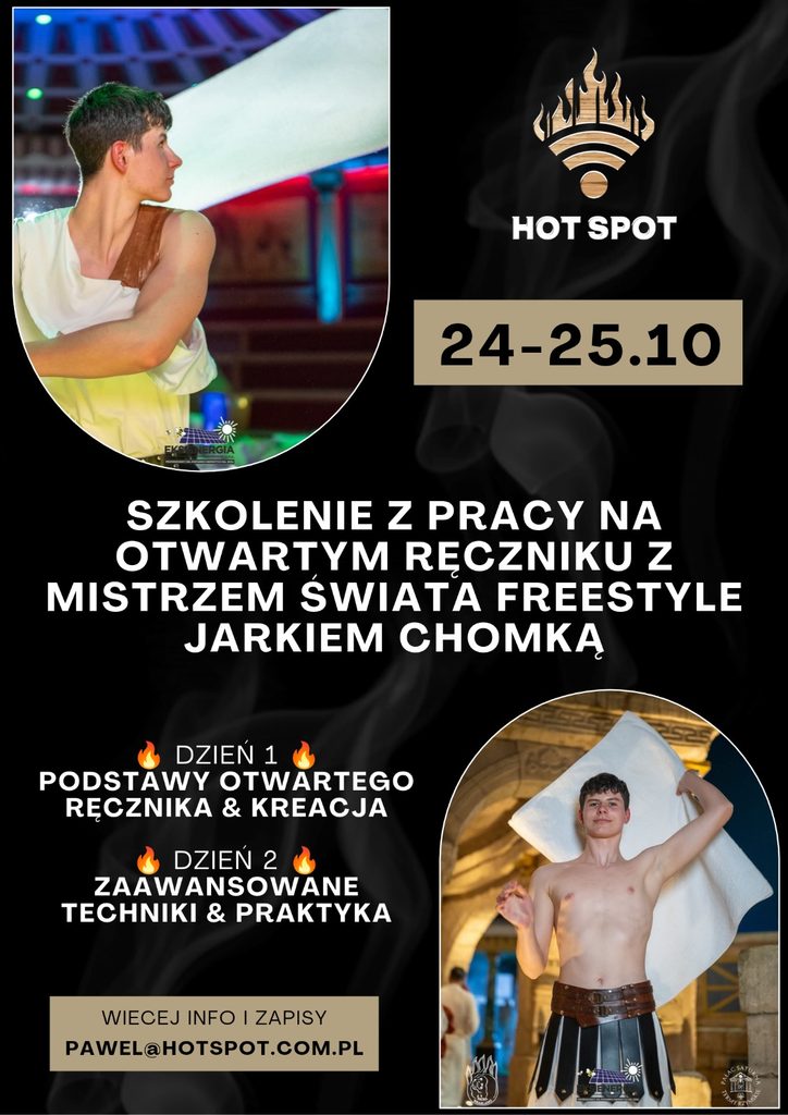 Plakat szkolenia z pracy na otwartym ręczniku z Jarkiem Chomką